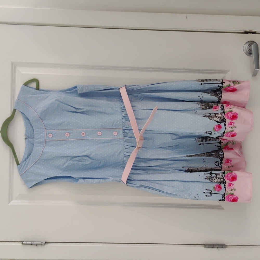 NWOT Hell Bunny Paris-Themed Cotton Dress with Belt, US XL (UK 3XL)